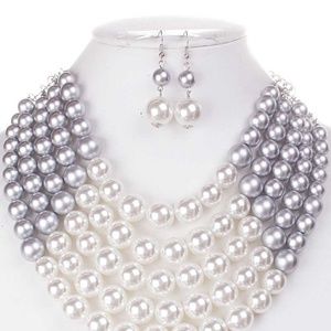 Color Block Pearl Chunky Necklace And Earring Set